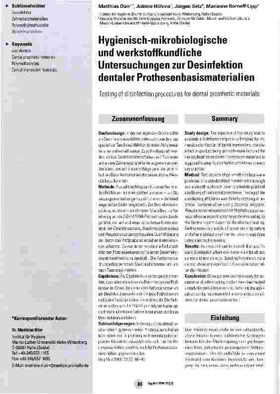 Vorschauseite 1: Hygienisch-mikrobiologische und werkstoffkundliche Untersuchungen zur Desinfektion dentaler Prothesenbasismaterialien