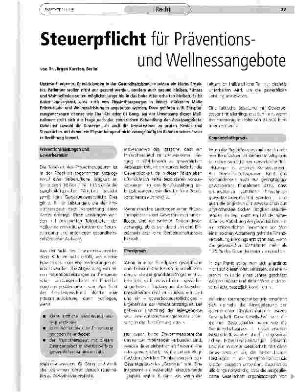 Vorschauseite 1: Steuerpflicht für Präventionsund Wellnessangebote