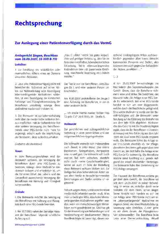 Vorschauseite 1: Zur Auslegung einer Patientenverfügung durch das VormG
