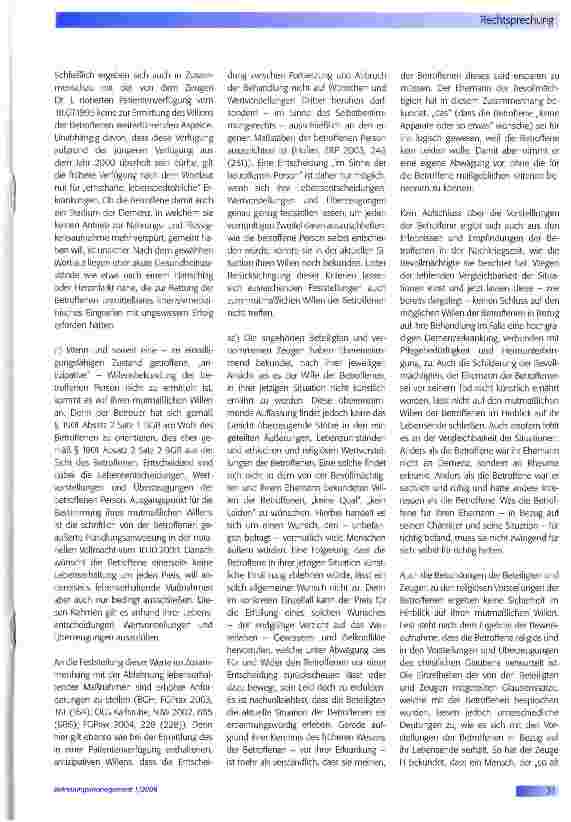 Vorschauseite 5: Zur Auslegung einer Patientenverfügung durch das VormG