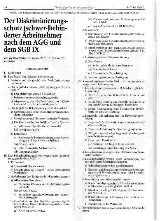 Vorschauseite 1: Der Diskriminierungsschutz (schwer-)behinderter Arbeitnenmer nach dem AGG und dem SGB IX