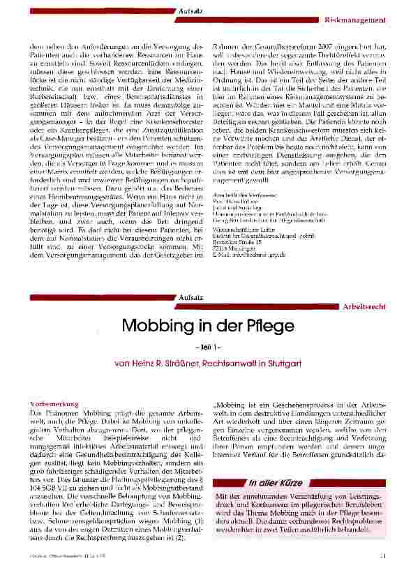Vorschauseite 1: Mobbing in der Pflege