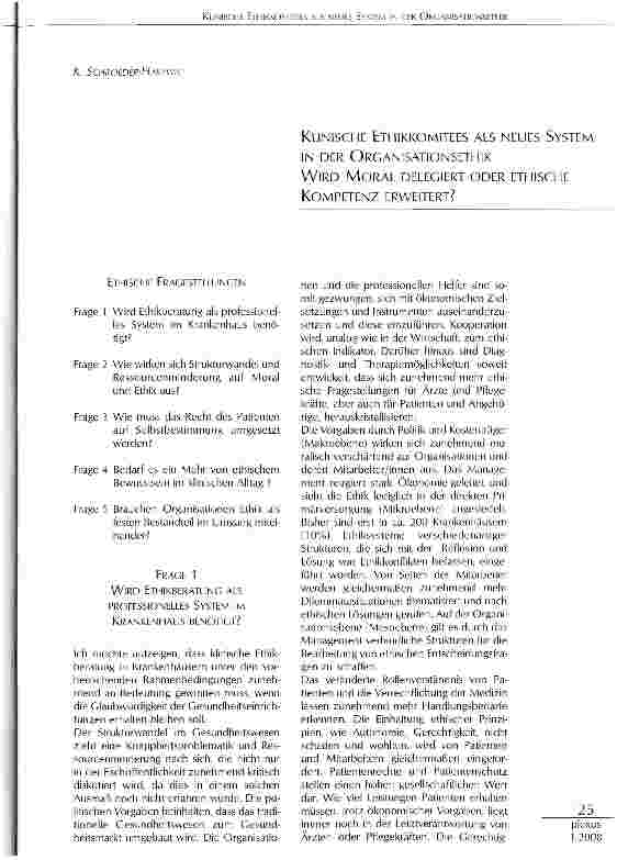Vorschauseite 1: KLINISCHE ETHIKKOMITEES ALS NEUES SYSTEM IN DER ORGANISATIONSETHIK WIRD MORAL DELEGIERT ODER ETHISCHE KOMPETENZ ERWEITERT?