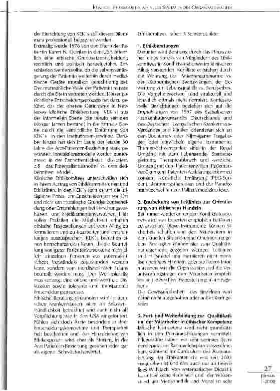 Vorschauseite 3: KLINISCHE ETHIKKOMITEES ALS NEUES SYSTEM IN DER ORGANISATIONSETHIK WIRD MORAL DELEGIERT ODER ETHISCHE KOMPETENZ ERWEITERT?