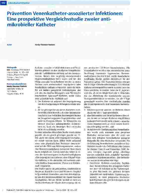 Vorschauseite 1: Prävention Venenkatheter-assoziierter Infektionen: Eine prospektive Vergleichsstudie zweier anti-mikrobieller Katheter
