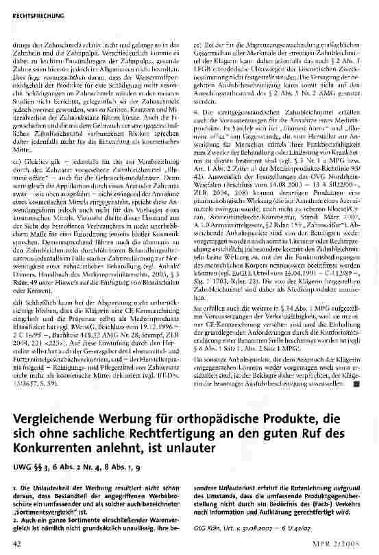 Vorschauseite 1: Vergleichende Werbung für orthopädische Produkte, die sich ohne sachliche Rechtfertigung an den guten Ruf des Konkurrenten anlehnt, ist unlauter