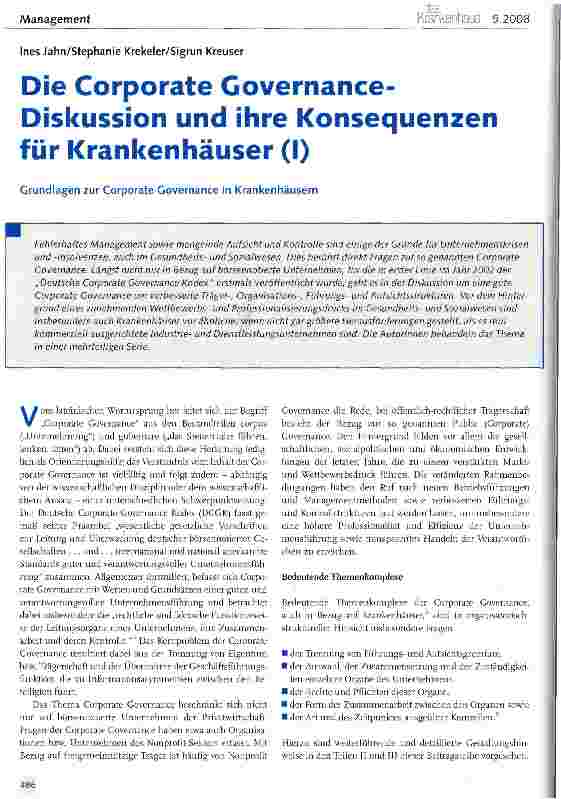 Vorschauseite 1: Die Corporate Governance-Diskussion und ihre Konsequenzen für Krankenhäuser (I)