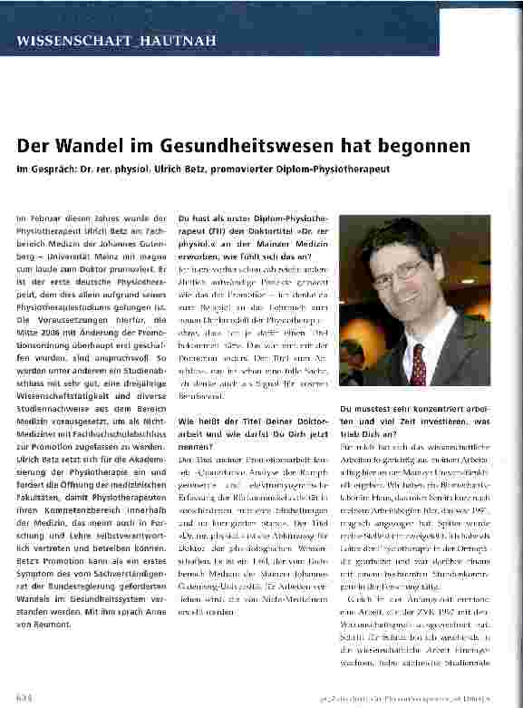 Vorschauseite 1: Der Wandel im Gesundheitswesen hat begonnen- Im Gespräch: Dr. rer. physiol. Ulrich Betz, promovierter Diplom-Physiotherapeut