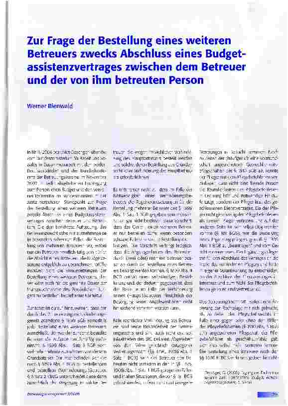 Vorschauseite 1: Zur Frage der Bestellung eines weiteren Betreuers zwecks Abschluss eines Budgetassistenzvertrages zwischen dem Betreuer und der von ihm betreuten Person