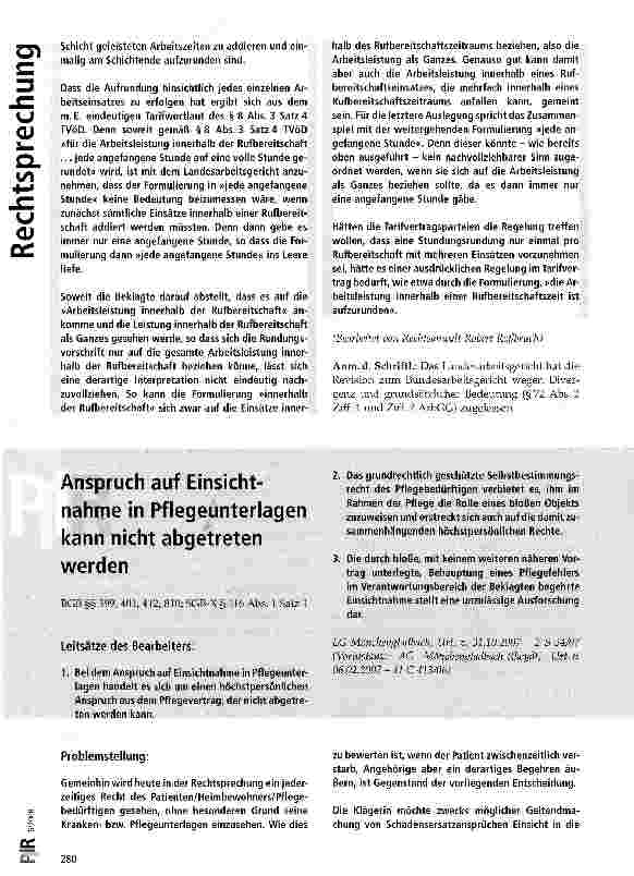 Vorschauseite 1: Anspruch auf Einsichtnahme in Pflegeunterlagen kann nicht abgetreten werden