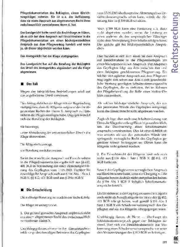 Vorschauseite 2: Anspruch auf Einsichtnahme in Pflegeunterlagen kann nicht abgetreten werden
