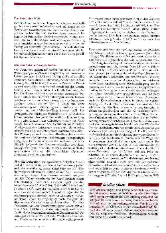 Vorschauseite 2: Zulässigkeit der Vertretung des Chefarztes bei wahlärztlicher Leistung