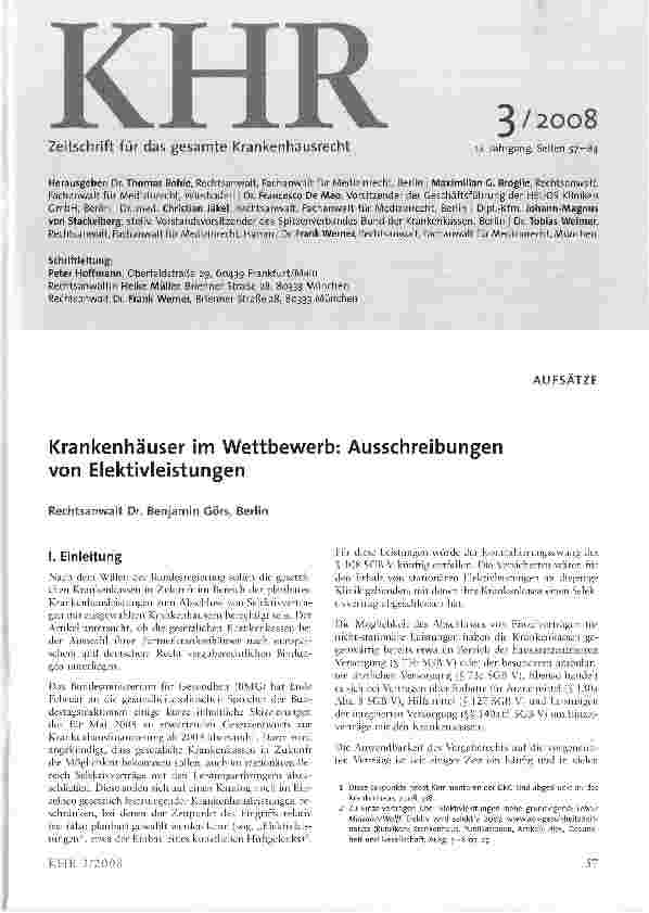 Vorschauseite 1: Krankenhäuser im Wettbewerb: Ausschreibungen von Elektivleistungen