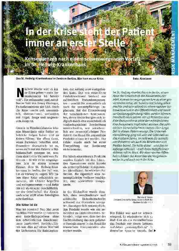 Vorschauseite 1: In der Krise steht der Patient immer an erster Stelle Konsequenzen nach einem schwerwiegenden Vorfall im St. Hedwig-Krankenhaus