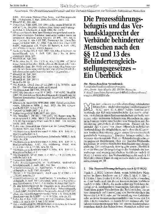 Vorschauseite 1: Die Prozessführungsbefugnis und das Ver-banosklagerecht der Verbände behinderter Menschen nach den §§ 12 und 13 des Behindertengleich-stellungseesetzes -Ein Überblick