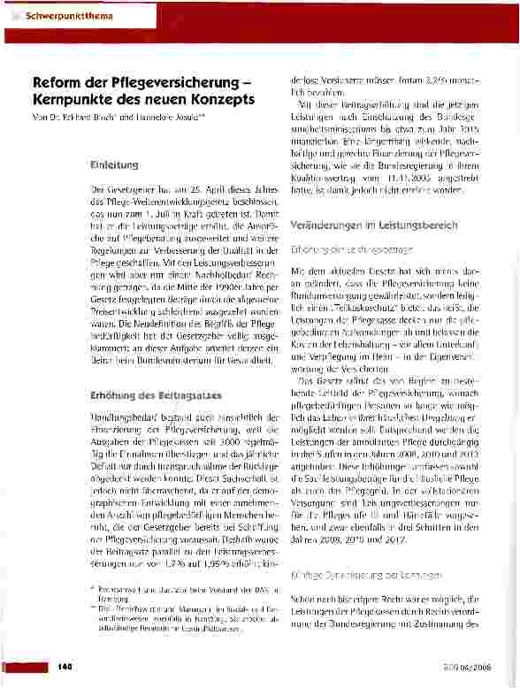 Vorschauseite 1: Reform der Pflegeversicherung -Kernpunkte des neuen Konzepts