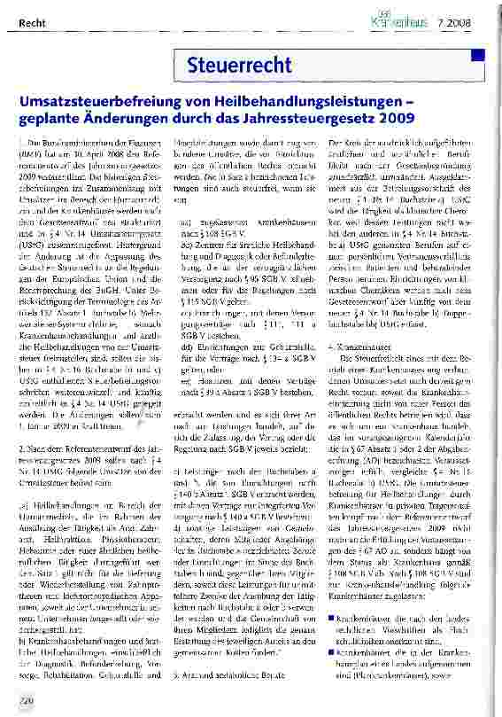 Vorschauseite 1: Steuerrecht: Umsatzsteuerbefreiung von Heilbehandlungsleistungen -geplante Änderungen durch das Jahressteuergesetz 2009