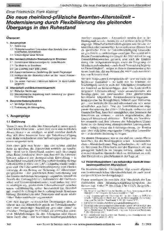 Vorschauseite 1: Die neue rheinland-pfälzische Beamten-Altersteilzeit -Modernisierung durch Flexibilisierung des gleitenden Übergangs in den Ruhestand