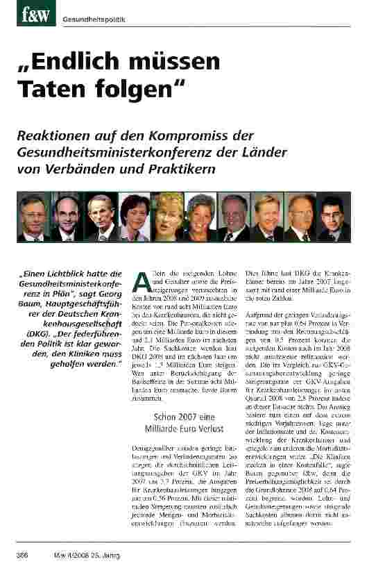 Vorschauseite 1: Endlich müssen Taten folgen Reaktionen auf den Kompromiss der Gesundheitsministerkonferenz der Länder von Verbänden und Praktikern