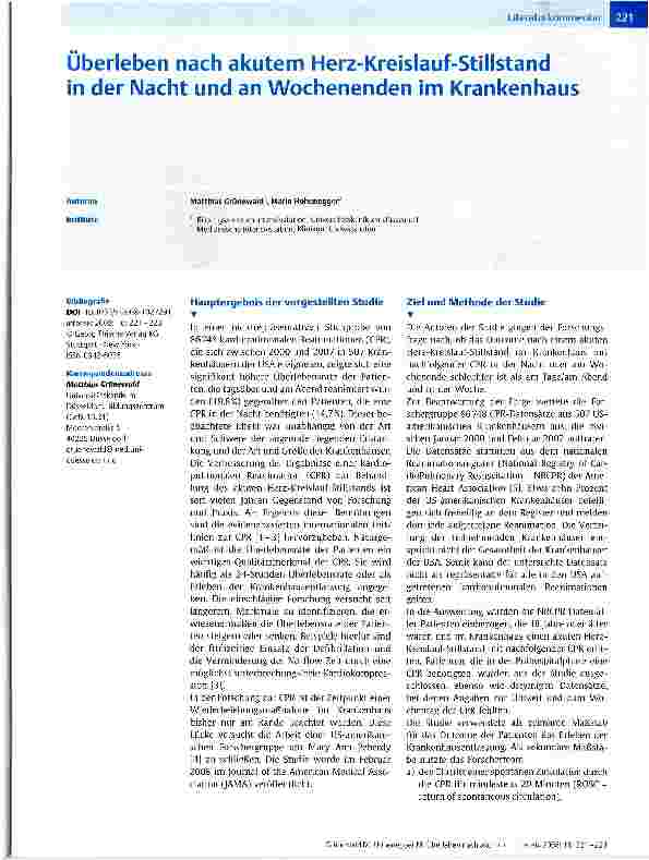 Vorschauseite 1: Überleben nach akuten Herz-Kreislauf-Stillstand in der Nacht und an Wochenenden im Krankenhaus