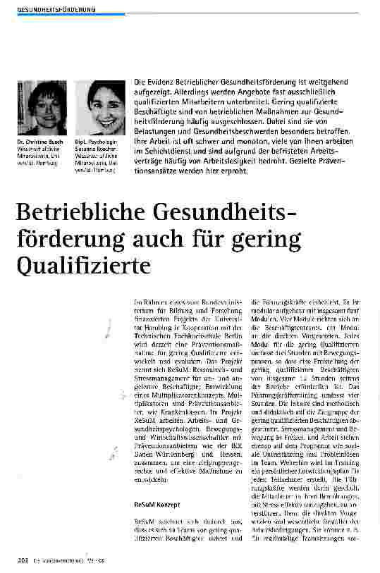 Vorschauseite 1: Betriebliche Gesundheits-förderung auch für gering Qualifizierte