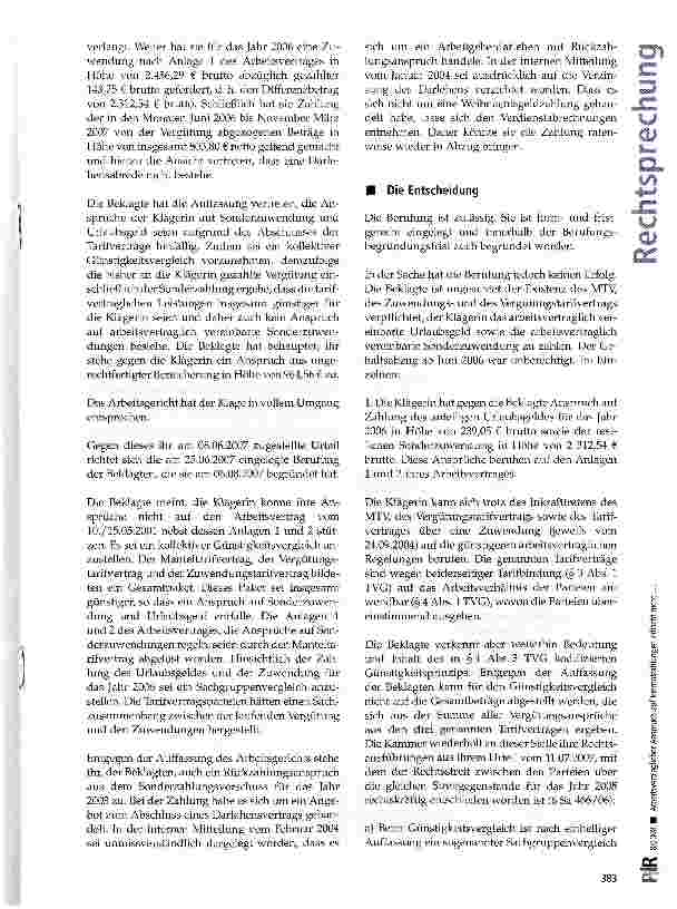Vorschauseite 3: Arbeitsvertraglicher Anspruch auf Einmalzahlungen erlischt nicht, wenn später abgeschlossene Tarifverträge den Arbeitnehmer nur in der Summe aller Vergütungsansprüche besser stell…