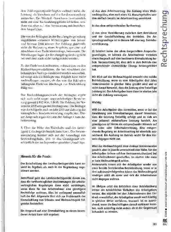 Vorschauseite 5: Arbeitsvertraglicher Anspruch auf Einmalzahlungen erlischt nicht, wenn später abgeschlossene Tarifverträge den Arbeitnehmer nur in der Summe aller Vergütungsansprüche besser stell…