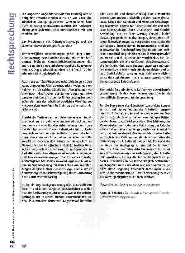 Vorschauseite 6: Arbeitsvertraglicher Anspruch auf Einmalzahlungen erlischt nicht, wenn später abgeschlossene Tarifverträge den Arbeitnehmer nur in der Summe aller Vergütungsansprüche besser stell…