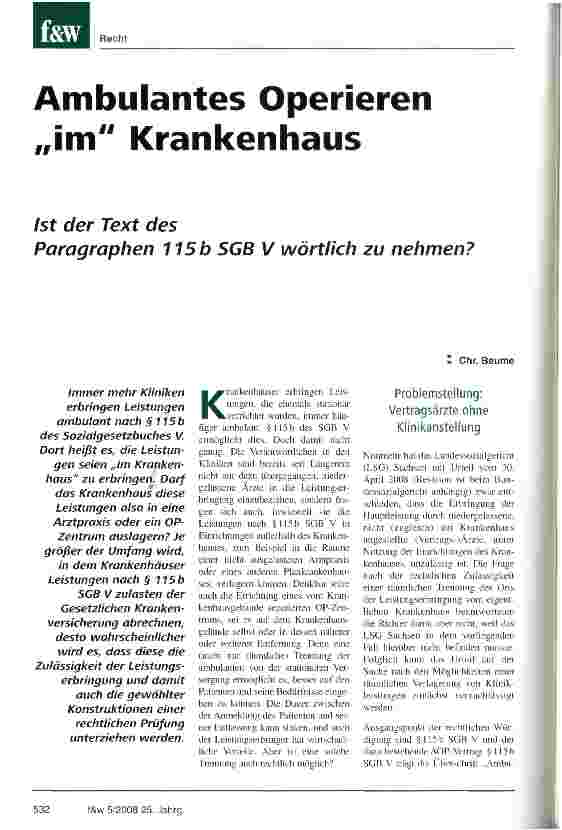 Vorschauseite 1: Ambulantes Operieren „im KrankenhausIst der Text des Paragraphen 115 b SGB V wörtlich zu nehmen?