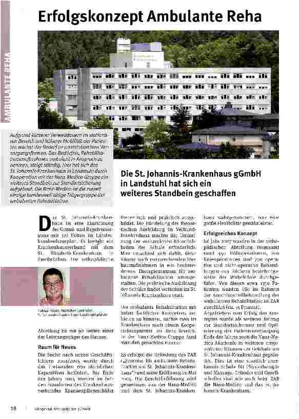 Vorschauseite 1: Erfolgskonzept Ambulante RehaDie St. Johannis-Krankenhaus gGmbH in Landstuhl hat sich ein weiteres Standbein geschaffen