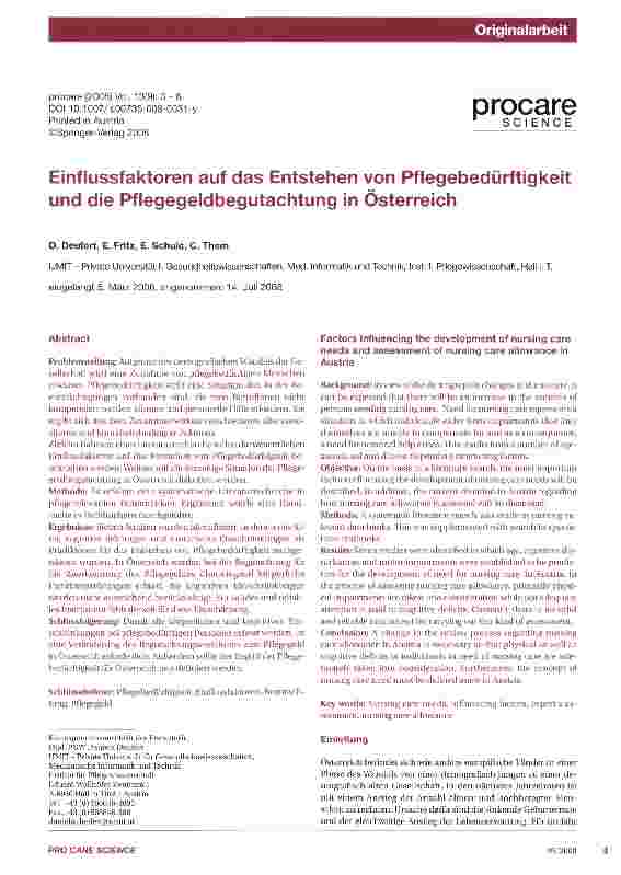 Vorschauseite 1: Einflussfaktoren auf das Entstehen von Pflegebedürftigkeit und die Pflegegeldbegutachtung in Österreich
