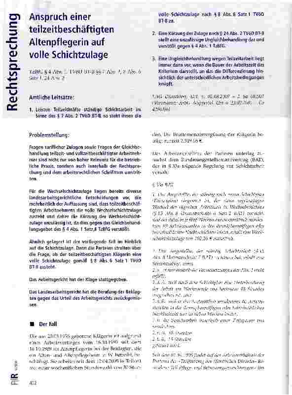 Vorschauseite 1: Anspruch einer teilzeitbeschäftigten Altenpflegerin auf volle Schichtzulage