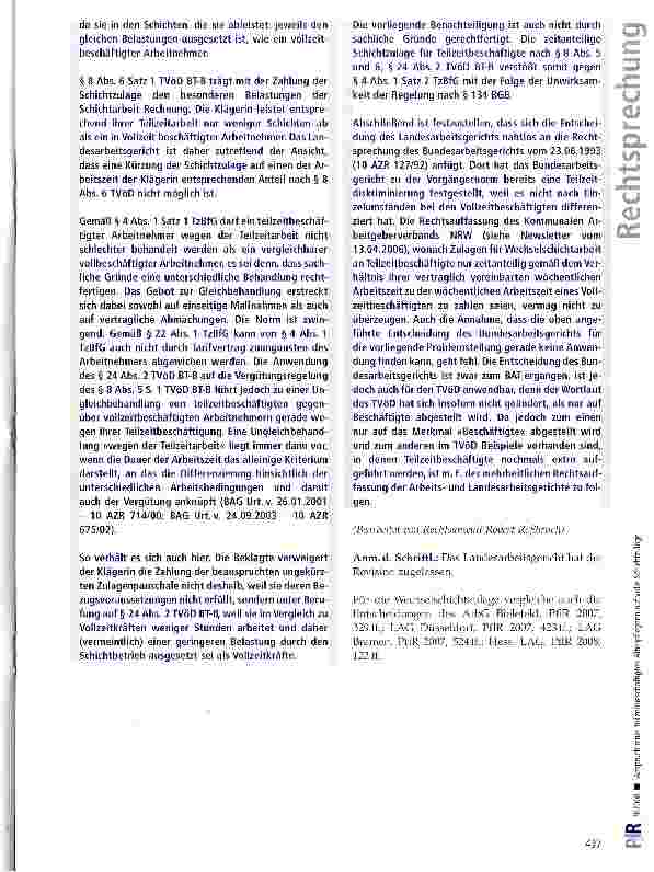 Vorschauseite 6: Anspruch einer teilzeitbeschäftigten Altenpflegerin auf volle Schichtzulage