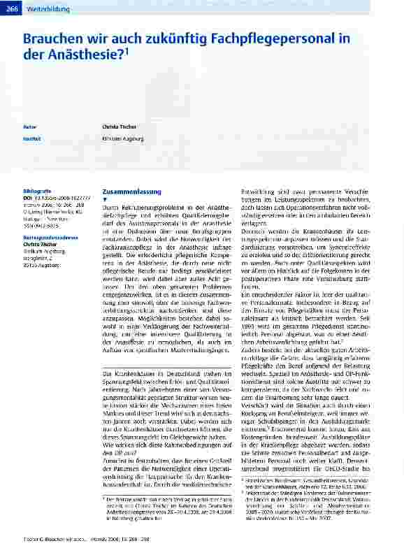Vorschauseite 1: Brauchen wir auch zukünftig Fachpflegepersonal in der Anästhesie?