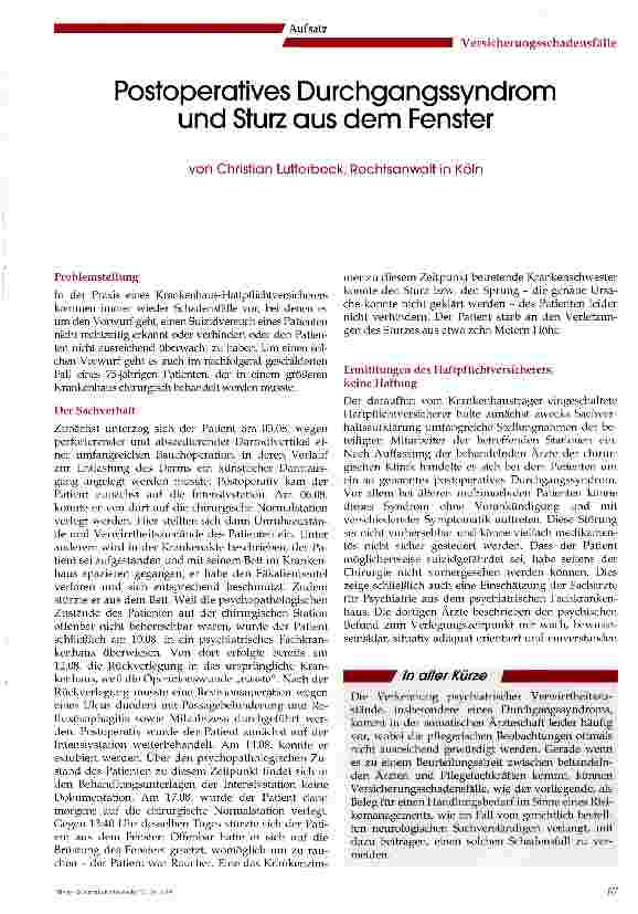 Vorschauseite 1: Postoperatives Durchgangssyndrom und Sturz aus dem Fenster