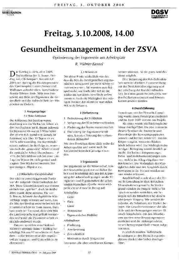 Vorschauseite 1: Freitag, 3.10.2008,14.00 Gesundheitsmanagement in der ZSVA Optimierung der Ergonomie am Arbeitsplatz
