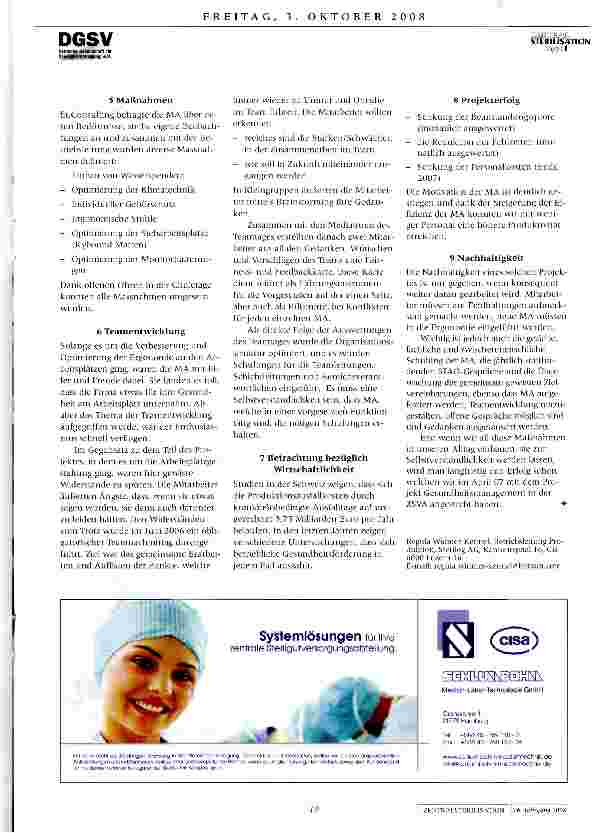 Vorschauseite 2: Freitag, 3.10.2008,14.00 Gesundheitsmanagement in der ZSVA Optimierung der Ergonomie am Arbeitsplatz