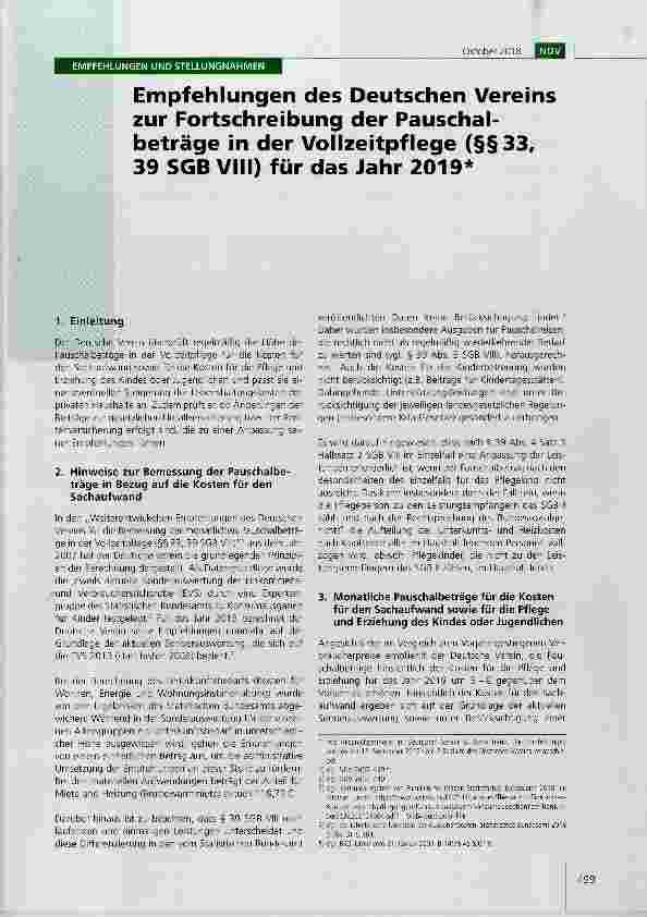 Vorschauseite 1: Empfehlungen des Deutschen Vereins zur Fortschreibung der Pauschalbeträge in der Vollzeitpflege (§§33, 39 SGB VIII) für das Jahr 2019*