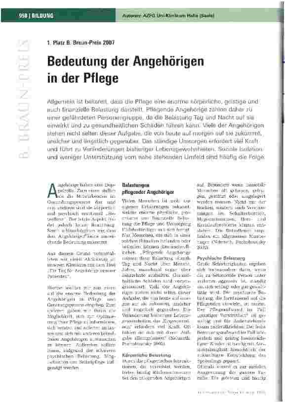 Vorschauseite 1: Bedeutung der Angehörigen in der Pflege