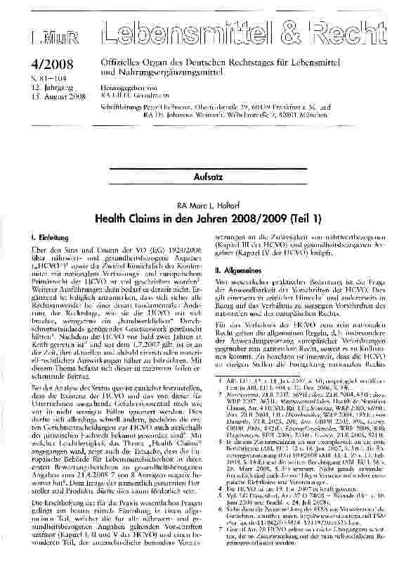 Vorschauseite 1: Health Claims in den Jahren 2008/2009 (Teil 1)