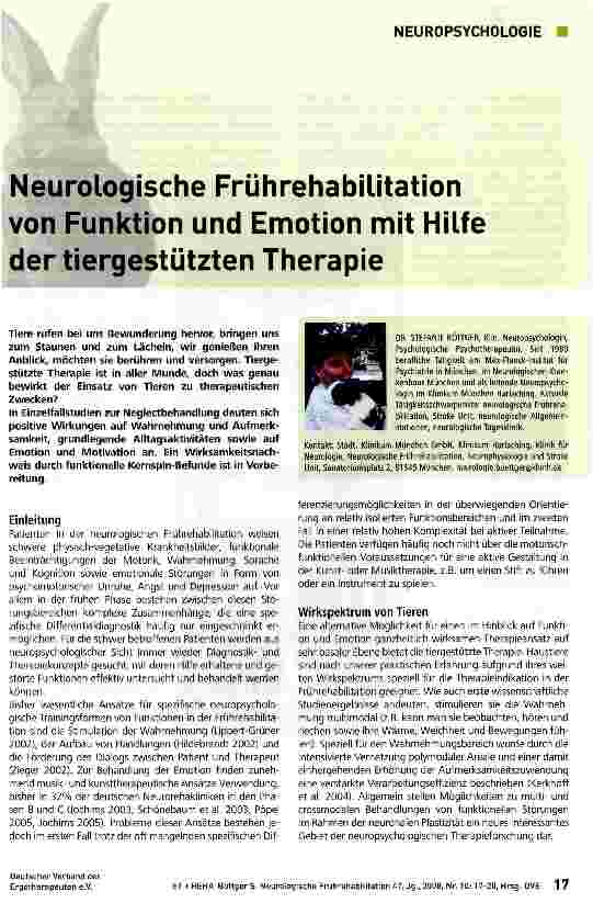 Vorschauseite 1: Neurologische Frührehabilitation von Funktion und Emotion mit Hilfe der tiergestützten Therapie