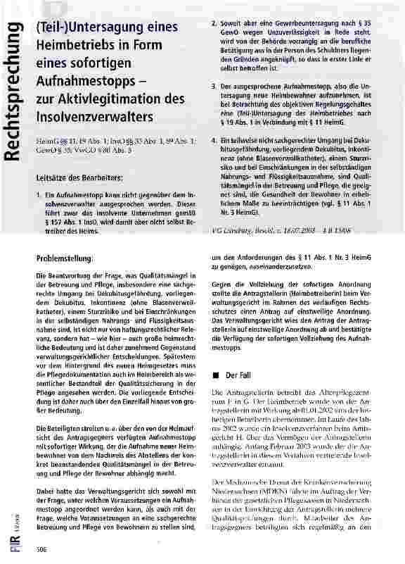 Vorschauseite 1: (Teil-)Untersagung eines Heimbetriebs in Form eines sofortigen Aufnahmestopps -zur Aktivlegitimation des Insolvenzverwalters