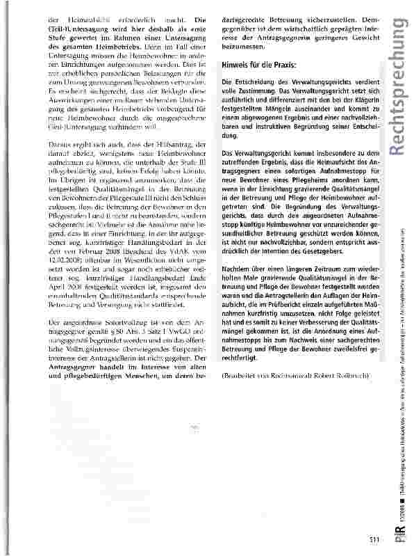Vorschauseite 6: (Teil-)Untersagung eines Heimbetriebs in Form eines sofortigen Aufnahmestopps -zur Aktivlegitimation des Insolvenzverwalters