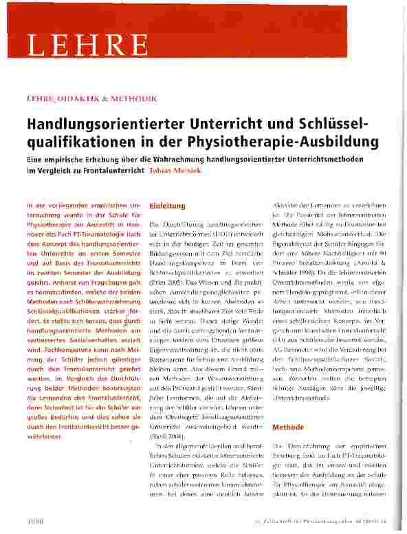 Vorschauseite 1: Handlungsorientierter Unterricht und Schlüsselqualifikationen in der Physiotherapie-Ausbildung