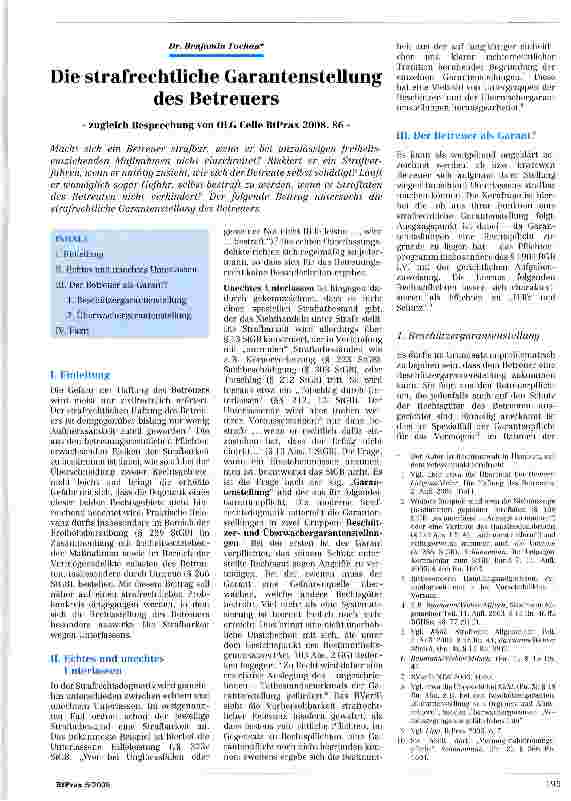 Vorschauseite 1: Die strafrechtliche Garantenstellung des Betreuers zugleich Besprechung von OLG Celle BtPrax 2008, 86