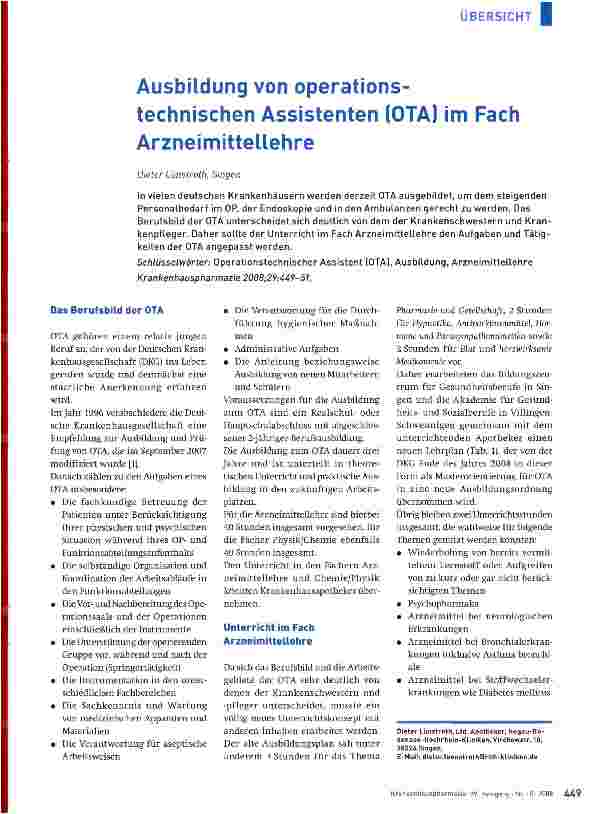 Vorschauseite 1: Ausbildung von operationstechnischen Assistenten (OTA) im Fach Arzneimittellehre