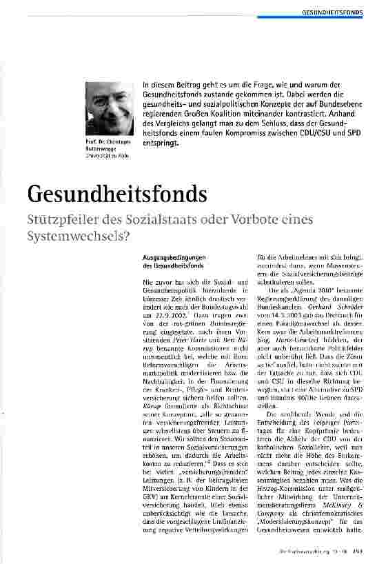Vorschauseite 1: Gesundheitsfonds Stützpfeiler des Sozialstaats oder Vorbote eines Systemwechsels?