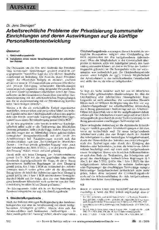 Vorschauseite 1: Arbeitsrechtliche Probleme der Privatisierung kommunaler Einrichtungen und deren Auswirkungen auf die künftige Personalkostenentwicklung