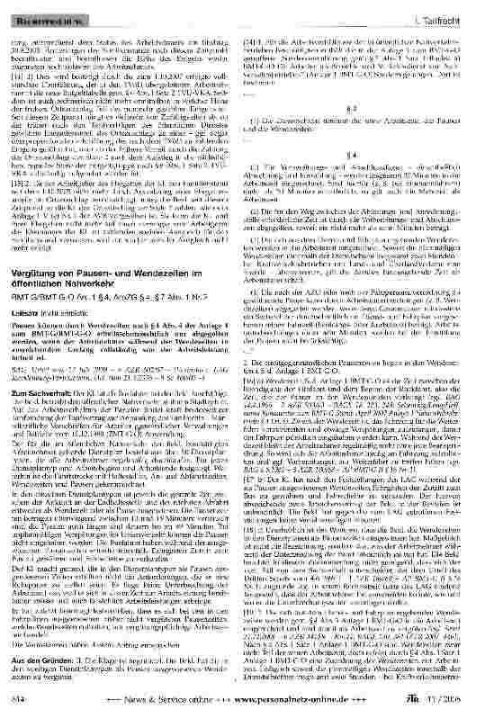 Vorschauseite 1: Vergütung von Pausenund Wendezeiten im öffentlichen NahverkehrBMT-G/BMT-G-OAnl. 1 §4; ArbZG §4, §7 Abs. 1 Nr. 2