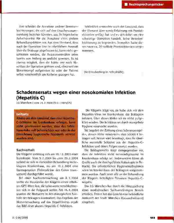 Vorschauseite 1: Schadensersatz wegen einer nosokomialen Infektion (Hepatitis C)